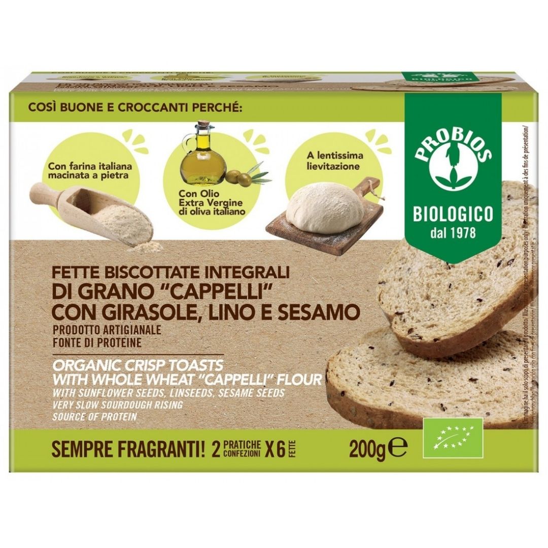 FETTE BISCOTTATE ARTIGIANALI INTEGRALI DI GRANO CAPPELLI CON GIRASOLE, LINO E SESAMO